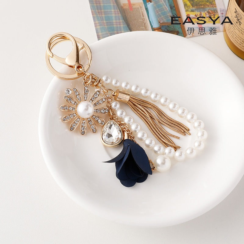 Wholesale Tassel Pearl Beads Rhinestone Sunflower Keychain